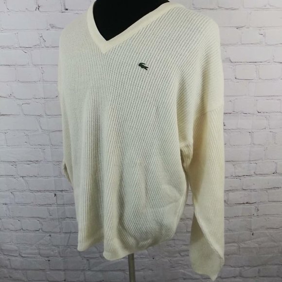 Lacoste Sweater Sz XL Cream Vtg V-Neck Wool Blend - Picture 2 of 7